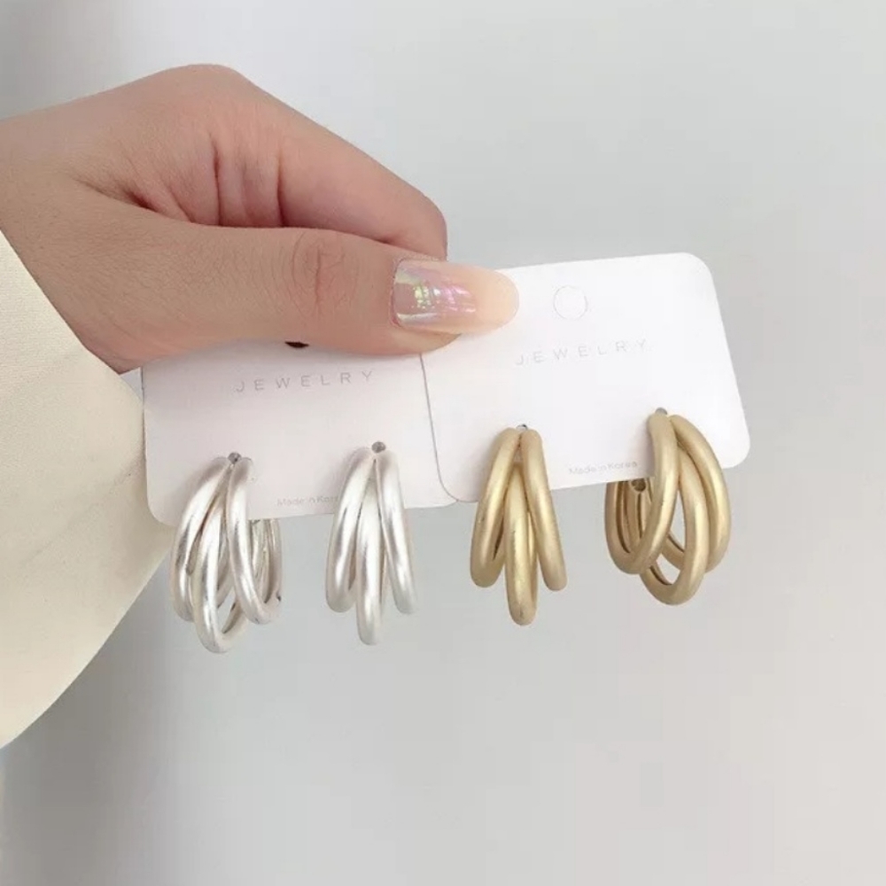 Triple Hoop Earrings - Frosted Gold - Picture 3 of 4